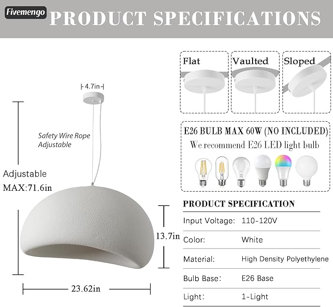 23.6in Wabi Sabi Pendant Light, Kitchen Island Lighting Fixture Ceiling Mount Japanese Lamp Japandi Chandelier for Dining Living Room Hallway Bedroom Restaurant Hanging Lamp, White 1 Pack