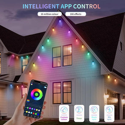 CAWWS Outdoor String Lights 100FT (2×50FT), Patio Lights with 40 Dimmable RGBW LED Bulbs, IP66 Waterproof & Shatterproof, APP & Remote Control, 24V Adapter, Color Changing Lights for Backyard Décor