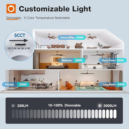 addlon 72 Inch Large Modern Ceiling Fans with Lights, Brown Ceiling Fan with Light And Remote Control, Reversible, 5CCT, Dimmable, Indoor/Outdoor Use for Bedroom, Farmhouse, Garage, Patios
