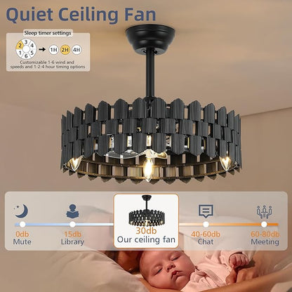 20 Inch Black Caged Ceiling Fan, Black Fandelier Ceiling Fan with Light with 6-Speed Motor, Ceiling Fans with Lights and Remote for Bedroom, Living Room, Dining Room