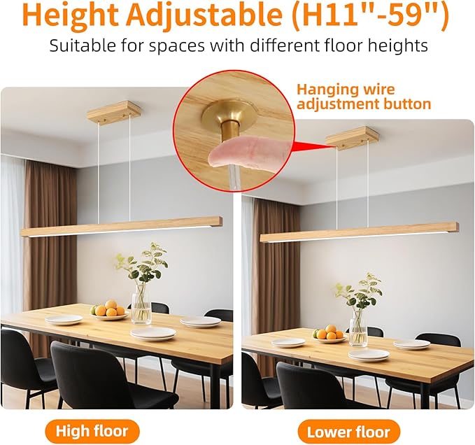 Modern Wooden Pendant Light, 47IN White Ash Wood Chandelier with Remote Control 3000k-6500K Adjustable Color Temperature，Aluminum Island Lighting Lamp for Dining Room, Living Room B