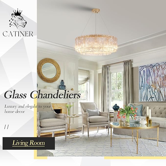 CATINER Gold Chandeliers 24”Modern Crystal Glass Round Chandelier 10-Light Drum Pendant Ceiling Light Fixtures Luxury 2 Tiers Hanging Chandelier for Dining Room Foyer Living Room Bedroom
