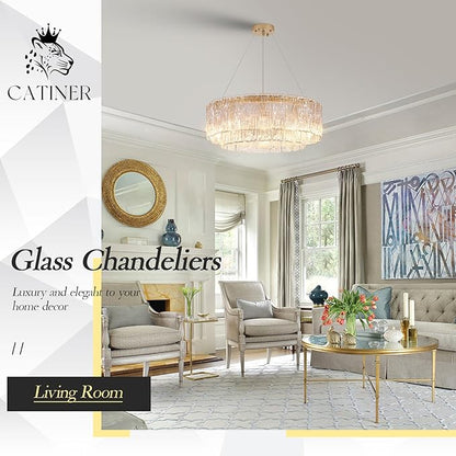 CATINER Gold Chandeliers 24”Modern Crystal Glass Round Chandelier 10-Light Drum Pendant Ceiling Light Fixtures Luxury 2 Tiers Hanging Chandelier for Dining Room Foyer Living Room Bedroom