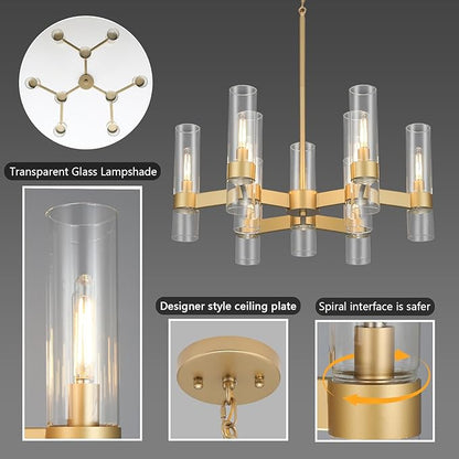 LIGHTDAMY Gold Chandelier,9 Light Farmhouse Chandeliers for Dining Room Light Fixtures Over Table,Kitchen Hanging Lighting with Clear Glass Class for Living Room Kitchen Island Hallway Foyer 28"