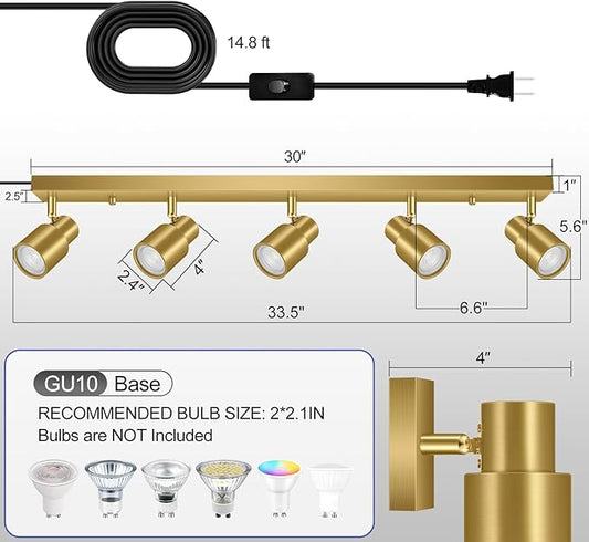 Track Lighting Plug in, 30" LED Track Light Fixtures Ceiling, Gold 5 Way Spotlight, Rotatable Head, Plug Wall Lights with 14.8FT Cord, Ceiling Lighting for Kitchen Hallway Bar(GU10, NO Bulb)