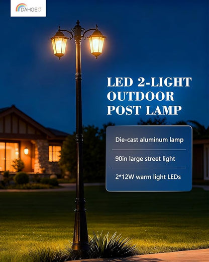 2-Head Outdoor Lamp Post Lights 94″ IP65 Waterproof Outside Black Street Light Pole with Clear Glass Shade Die-cast Aluminum Retro Pole Lights for Yard Garden Patio Path Driveway