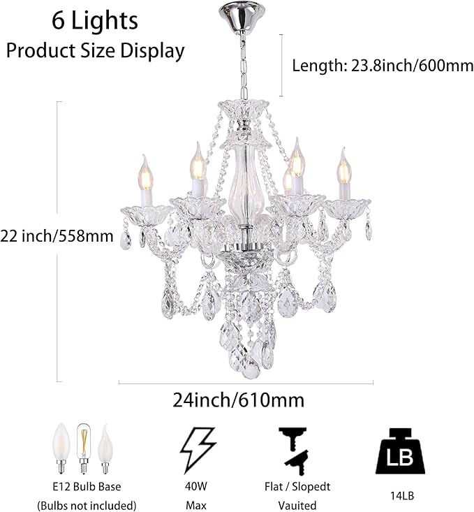Modern Crystal Chandelier with 6 E12 Sockets, Adjustable Chain, Elegant K9 Crystal Lighting Fixture for Living Dining Room, Foyer