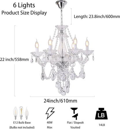 Modern Crystal Chandelier with 6 E12 Sockets, Adjustable Chain, Elegant K9 Crystal Lighting Fixture for Living Dining Room, Foyer