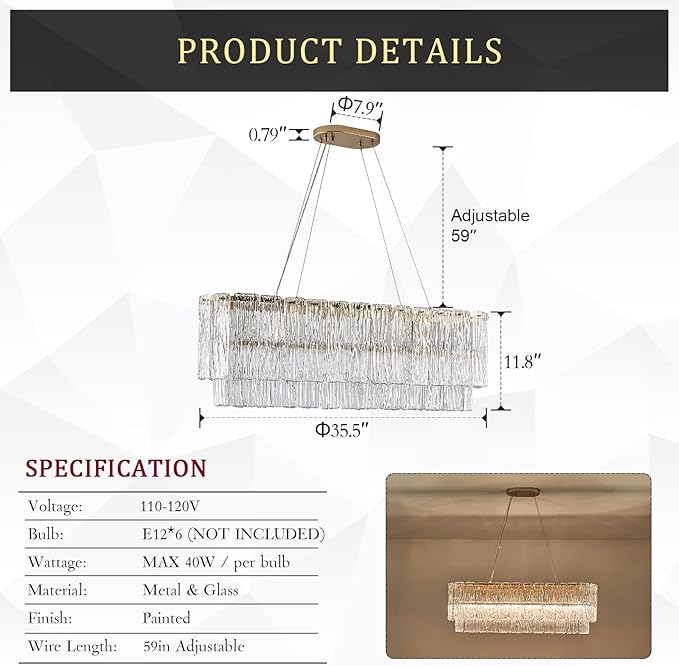 CATINER Gold Rectangle Chandeliers for Dining Room Modern Island Light Crystal Glass 6-Light Chandelier Rectangular Linear Pendant Hanging Ceiling Light Fixture for Kitchen L35.5”