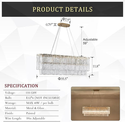 CATINER Gold Rectangle Chandeliers for Dining Room Modern Island Light Crystal Glass 6-Light Chandelier Rectangular Linear Pendant Hanging Ceiling Light Fixture for Kitchen L35.5”