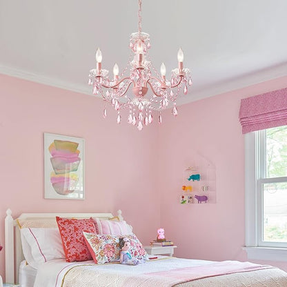 AMZASA Modern Crystal Pink Chandelier, Not Acrylic Crystal,Pink Crystals Hanging Pendant Light for Girls Room,Ceiling Medallions, Farmhouse Glass Chandelier for Wedding, Kitchen, Dining,Foyer,Island