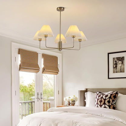 KCO Lighting 5-Lights White Pleated Fabric Pendant Light Mid Century Modern Brushed Gold Sputnik Chandelier Traditional Dining Living Room Chandelier Above Dining Table