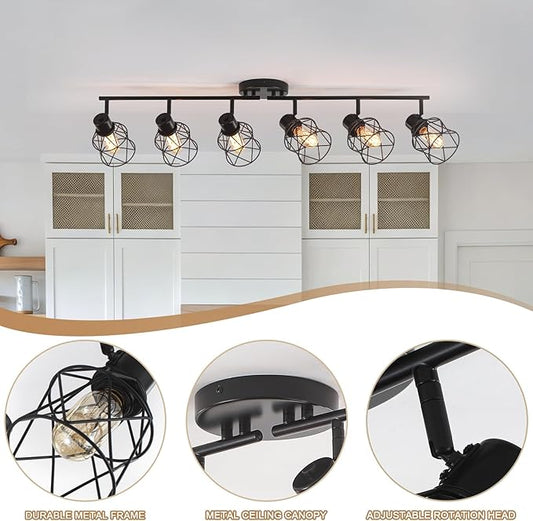 6 Lights Adjustable Multi-Directional Black Light Fixtures, Semi Flush Mount Ceiling Light, Kitchen Light Fixtures, Track Lighting Fixtures Metal Cage Industrial Spotlight Fixtures for Dining Room