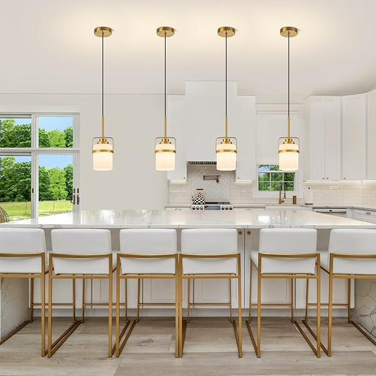 Modern Brass Pendant Lights Kitchen Island Light, Adjustable Hanging Light Fixture with Milk Glass Shade, Farmhouse Pendant Light for Dining Room Bar Over Sink/Table/Counter, 2 Pack