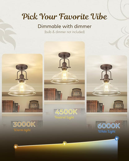 FEMILA Flush Mount Ceiling Light Fixture, 11" Farmhouse Semi Flush Kitchen & Bedroom Ceiling Light, Oil Rubbed Bronze with Clear Glass Shade, Rustic Industrial Lighting, 4FY09-F ORB