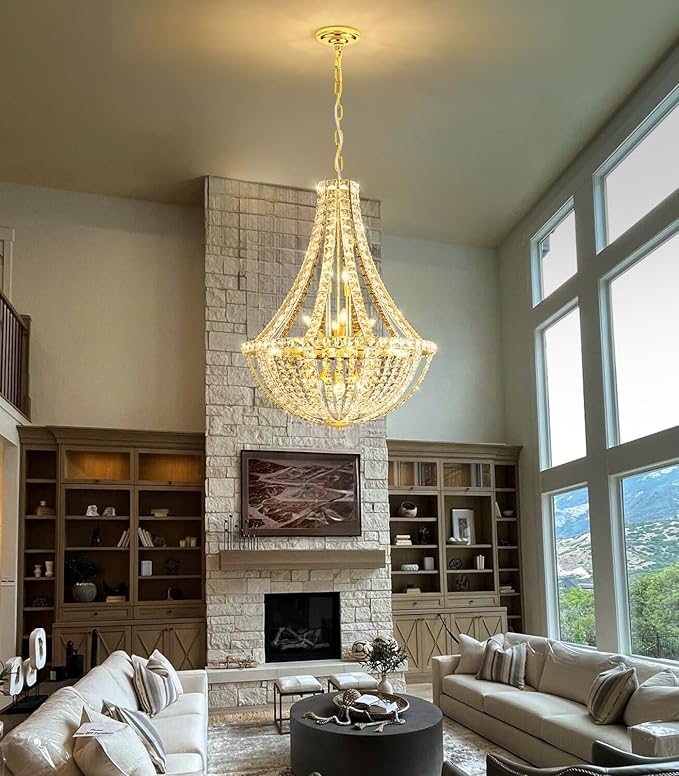 Luxury Large Empire Chandelier High Ceiling Crystal Chandeliers for Foyer Gold Light Fixture for Staircase Living Room E12 Bulbs Required