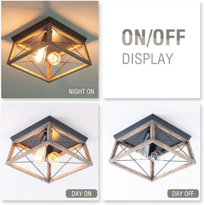 VILUXY Retro Industrial Rectangle Flush Mount Ceiling Light Fixture with Wood Shade for Hallway, Entryway, Passway, Dining Room, Bedroom, Balcony Living Room Two-Light
