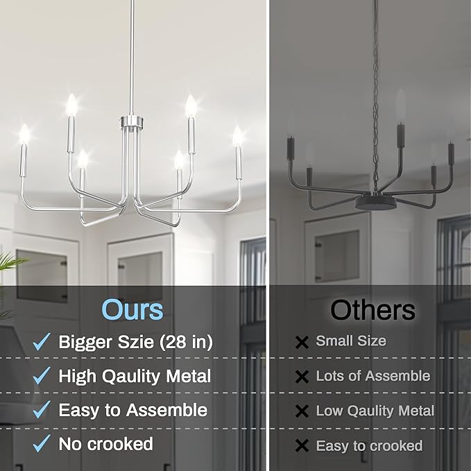 DORESshop Modern Chandelier for Dining Room, 6-Light 28" Chrome Farmhouse Chandelier for Dining Room, Dining Light Fixtures Over Table for Bedroom Hall Kitchen Living Room