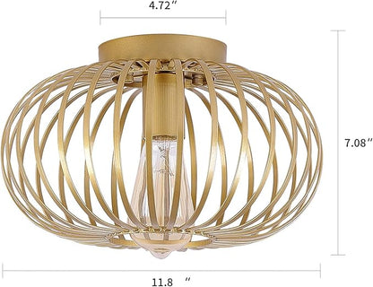 Fivess Lighting Modern Gold Flush Mount Light Fixture Metal Cage Single Semi Flush Mount Ceiling Light for Hallway Bedroom Kitchen Entryway Farmhouse