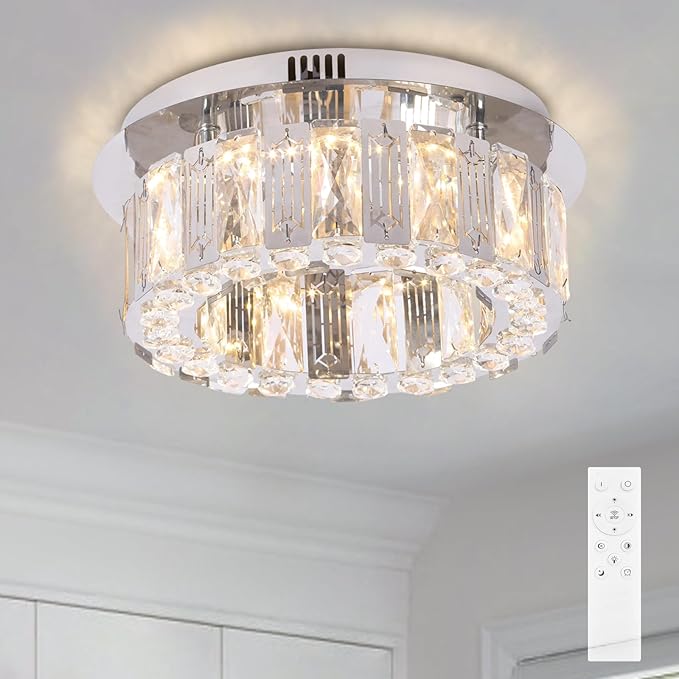 11.8" Dimmable Crystal Chandelier Modern LED Flush Mount Mini Ceiling Light Fixtures with Remote Control Crystal Round Chandeliers Light for Hallway Bedroom Kitchen