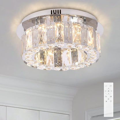 11.8" Dimmable Crystal Chandelier Modern LED Flush Mount Mini Ceiling Light Fixtures with Remote Control Crystal Round Chandeliers Light for Hallway Bedroom Kitchen