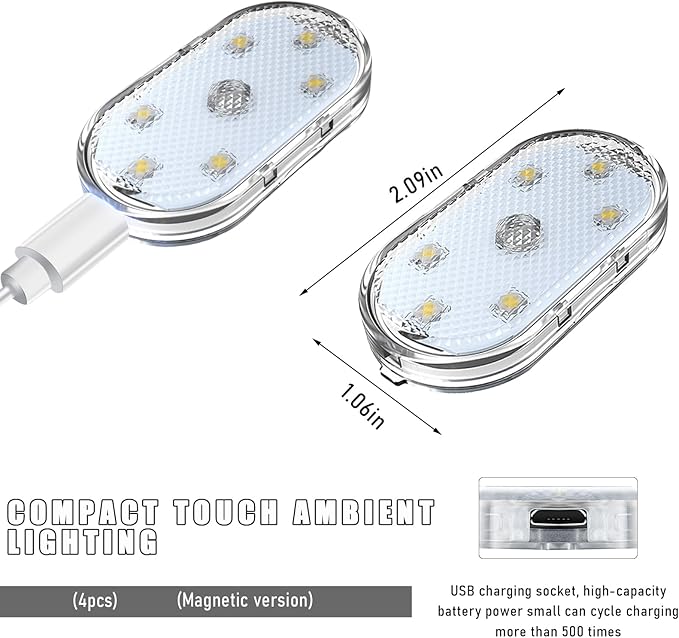 KVAEY 4 PCS Car LED Lights Interior Wireless, 7 Colors Magnetic Auto Ambient Light with 6 Bright LED Lamp Beads, Portable USB Rechargeable Vehicle Interior Led Night Light (White, Magnetic, 4pcs)