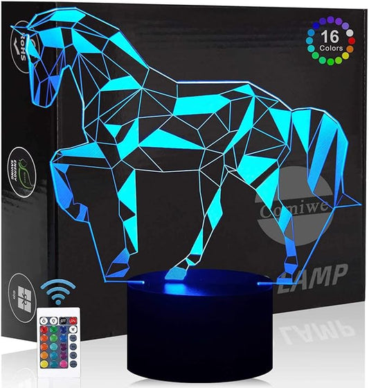 Horse 3D Illusion Night Light, 16 Colors Dimmable LED Bedside Lamp with Touch & Remote Control, USB & Battery Powered Home Decor for Bedroom, Living Room & Holiday Settings