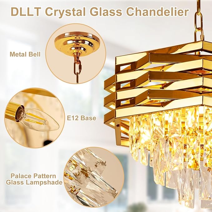 Depuley 16" Gold Crystal Chandelier: 5-Light Hanging Ceiling Light Fixture 3-Tier Flush Mount Chandelier Pendant Light for Dining Room Living Room Foyer Kitchen Island Included Bulbs