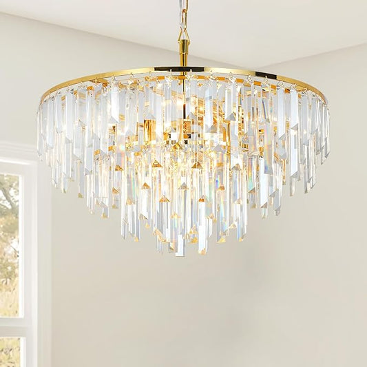 Gold Crystal Chandelier for Dining Room, 24" Modern Round Top K9 Crystal Chandeliers 5-Tier 8 Lights Adjustable Ceiling Hanging Pendant Light Fixture for Living Room Bedroom Foyer