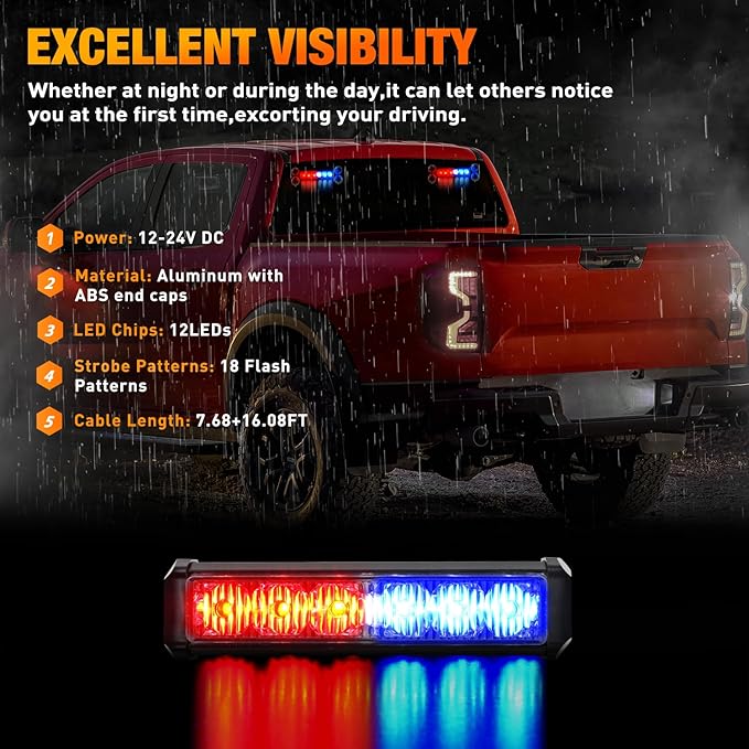 Nilight 12LED Emergency Strobe Traffic Advisor Light Bar 2 in 1 Red Blue Dash Warning Safety Flashing Lights Front/Rear Windshield Construction Lights for Trucks Cars Plow Police Firefighter Vehicles