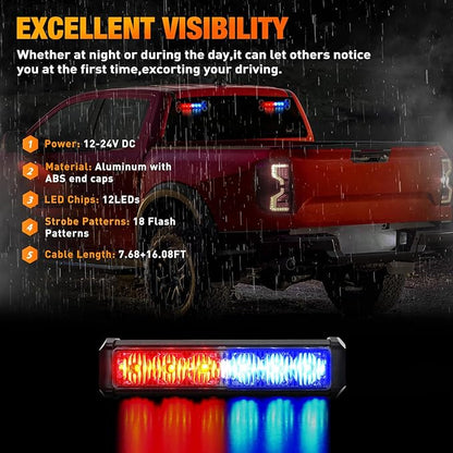 Nilight 12LED Emergency Strobe Traffic Advisor Light Bar 2 in 1 Red Blue Dash Warning Safety Flashing Lights Front/Rear Windshield Construction Lights for Trucks Cars Plow Police Firefighter Vehicles