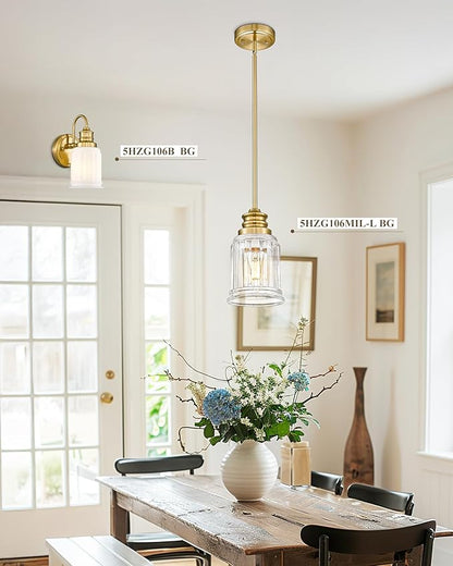 HWH Modern Hanging Pendant Lights, Brushed Gold Pendant Light with Bell-Shaped Fluted Clear Glass, Hanging Light Fixture Adjustable for Kitchen, 5HZG106MIL-L BG