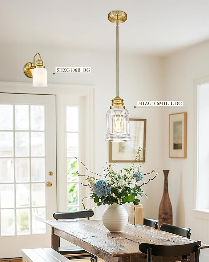 Brushed Gold Pendant Lights Kitchen Island 2 Pack, HWH 6 Inch Hanging Lights Fixtures with Bell-Shaped Fluted Clear Glass, Modern Kitchen Island Lighting, 5HZG106MIL-2L BG