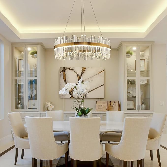 Gold Modern Crystal Led Chandelier: 23.6" Dimmable K9 Crystals Chandeliers over Table - Golden Luxury Glass Round Chandelier - Height Adjustable Drum Chandelier with Remote for Dining Room Living Room