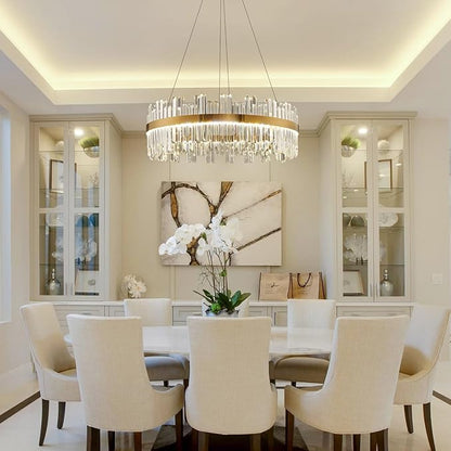 Gold Modern Crystal Led Chandelier: 23.6" Dimmable K9 Crystals Chandeliers over Table - Golden Luxury Glass Round Chandelier - Height Adjustable Drum Chandelier with Remote for Dining Room Living Room