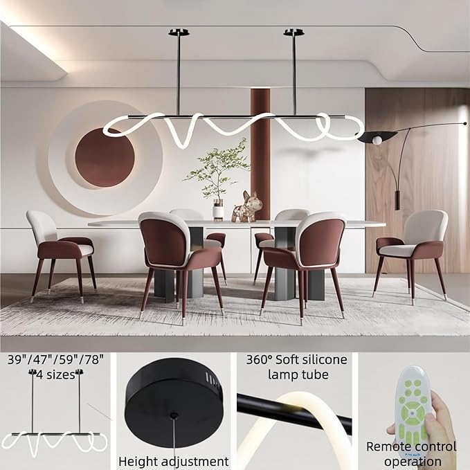 SMG Modern LED Linear Pendant Light for Dining Room, Dimmable Black Kitchen Chandelier, 59" Linear DIY Chandelier with Remote Control Stepless Dimming, Restaurant Office Long Hose Lamp