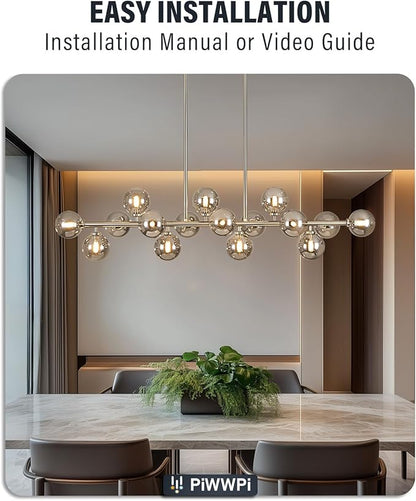 55" Long Chandeliers for Dining Room Kitchen Island, Large Globe Sputnik Linear Chandelier, 16 Lights Mid Century Modern Light Fixture Over Table, Nickel and Smoke Grey Bubble, GC-08
