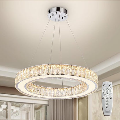 Depuley Modern LED Crystal Chandeliers: 23.6" Ring Chandelier Hanging Crystal Ceiling Light Fixture - 50W Adjustable Height Pendant Light for Living Room Dining Room Bedroom Foyer