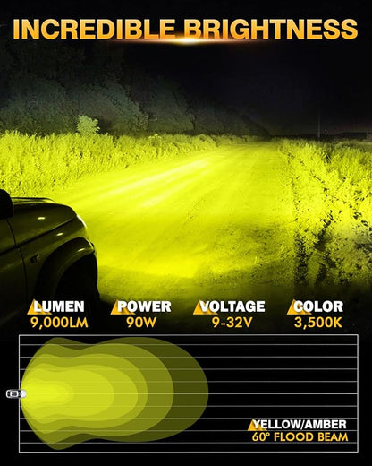 Auxbeam P4 Series Flood Beam Amber Round Light Pods, 4 Inch 90W Yellow Flood Light Bar Backup Reverse, LED Offroad Lights Automotive Work Lights Super Bright Fog Lamp, Pair