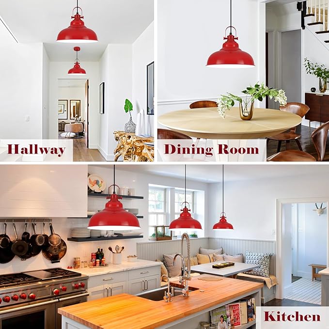 Red Dome Pendant Light, Red Pendant Light Kitchen Island 3 Pack, 11.41 Inch Farmhouse Pendant Lights, Hanging Light Fixture for Kitchen Island, Dining Room, Living Room