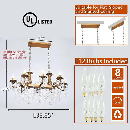 Crystal Chandeliers Contemporary Chandelier Island Lighting 8 Lights Candle Pendant Rectangle Hanging Ceiling Light Fixture for Dining Room Living Room Kitchen Island Entry L33.85