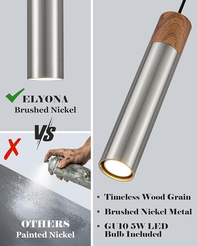 ELYONA Modern Pendant Light for Kitchen Island, Brown Wood Grain & Brushed Nickel Metal Bauhaus Hanging Light Fixture for Dining Room, Bedroom, Adjustable Height, GU10 LED Bulb Included, 1 Pack