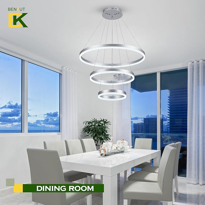 Benkut 3-Rings Modern LED Chandelier Silver Dimmable Pendant Lighting with Remote Control Circular Flush Mount High Ceiling Light for Dining Room Living Room Entrance Foyer, 3000K-6500K D23.6in