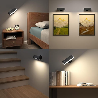 YiLaie LED Magnetic Wall Sconce Lights, Wall Mounted Lamp with 4000 mAh Battery Operated Wall Sconce, Touch Controls & Brightness Adjustment, USB Port, 360° Rotate Wall Lamps for Bedroom, Black