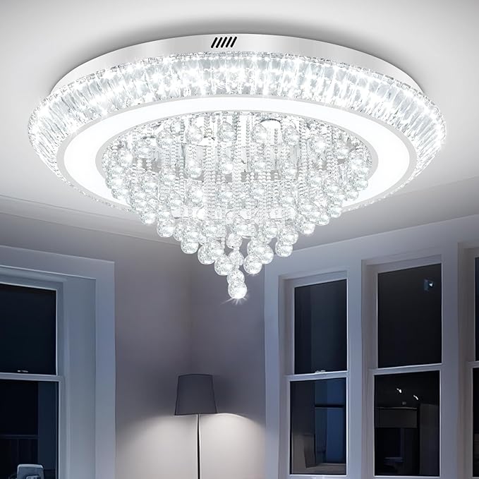 Large Crystal Chandelier for Living Room, Modern Led Luxury Crystal Chandeliers,40in Silver Flush Mount Chandelier Ceiling Light, Raindrop Chandeliers for Dining Room Bedroom