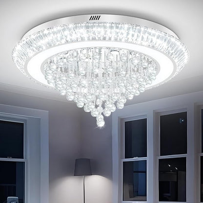 Large Crystal Chandelier for Living Room, Modern Led Luxury Crystal Chandeliers,40in Silver Flush Mount Chandelier Ceiling Light, Raindrop Chandeliers for Dining Room Bedroom