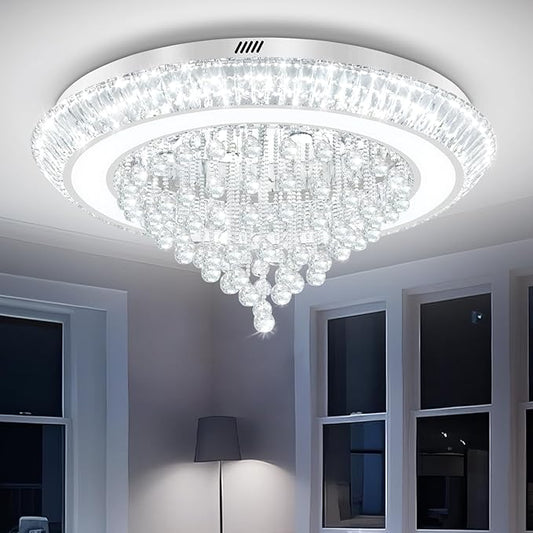 Large Crystal Chandelier for Living Room, Modern Led Luxury Crystal Chandeliers,40in Silver Flush Mount Chandelier Ceiling Light, Raindrop Chandeliers for Dining Room Bedroom