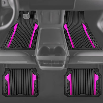 CAR PASS Heavy Duty Rubber Car Mats Metallic, Aluminum Film All Weather Floor Mats Waterproof Universal Trim to Fit for SUV Sedan Van 4 Piece Anodized Deep Dish Two-Tone Sporty Black Hot Pink Chrome