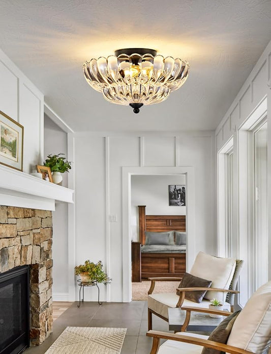 3-Light Semi Flush Mount Ceiling Light Fixture, Vintage Crystal Glass with Black Metal Frame, Modern Close-to-Ceiling Lighting for Bedroom Kitchen Living Room Hallway, E26 Base (Bulbs Not Included)