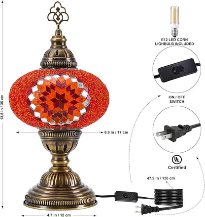 Turkish Lamp, Mosaic Table Lamp, Antique Moroccan Decorative Glass Bohemian Vintage Lamp Shade, Small Desk Tiffany Bedside Stained Glass Lamp with US Plug and E12 Socket